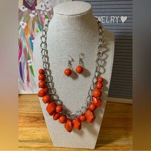 Orange Beaded Necklace and Earring Set
